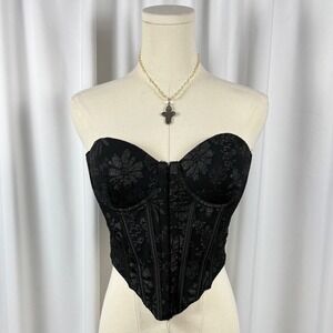 Black Floral Jacquard Corset Top Strapless Boned Bustier Small